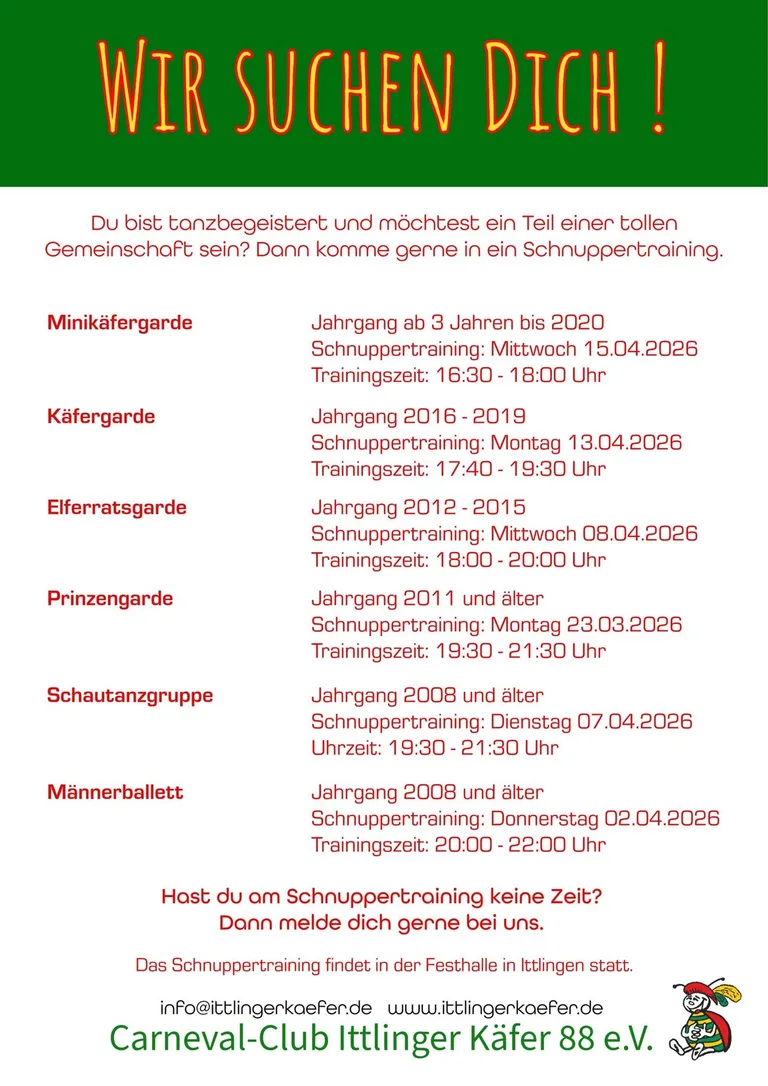 Flyer „Wir suchen Dich!“ mit den Schnuppertrainings-Terminen aller Tanzgruppen